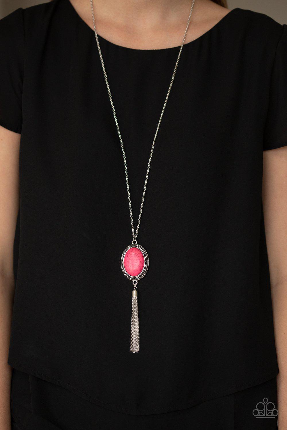 Nomadic Dramatics Pink Stone and Silver Tassel Necklace - Paparazzi Accessories-CarasShop.com - $5 Jewelry by Cara Jewels