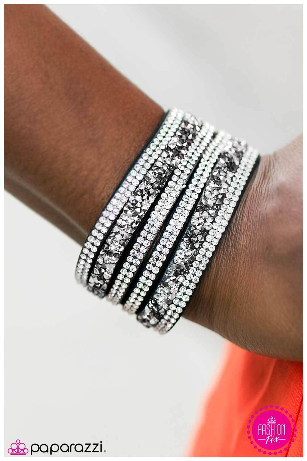 Not Ready To Make Nice Black and White Rhinestone Wrap Snap Bracelet - Paparazzi Accessories-CarasShop.com - $5 Jewelry by Cara Jewels