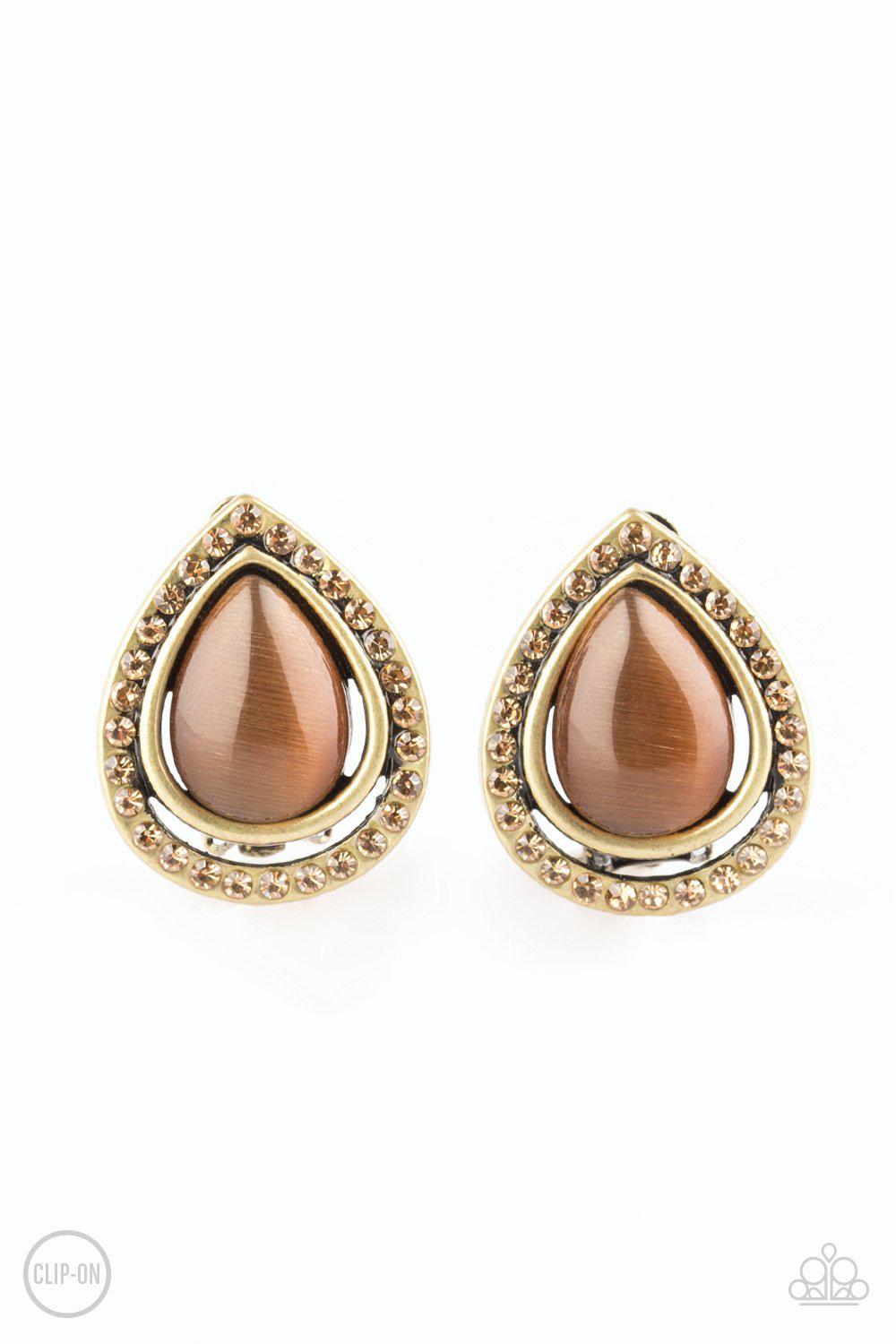 Noteworthy Shimmer Brass and Brown Moonstone Clip-on Earrings - Paparazzi Accessories-CarasShop.com - $5 Jewelry by Cara Jewels