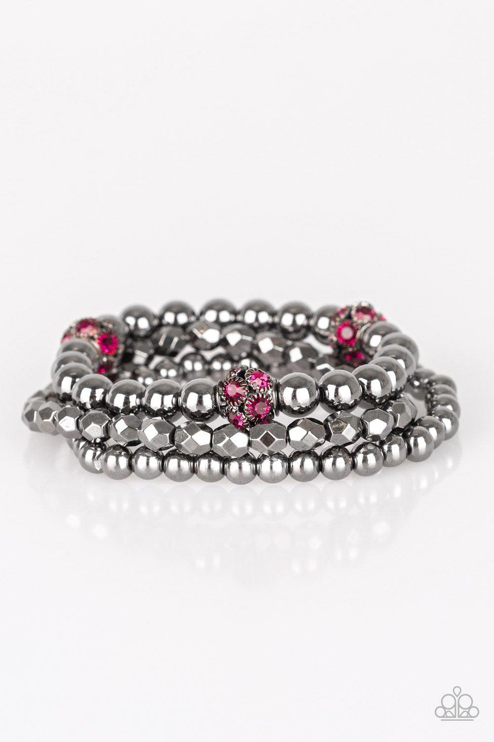 Noticeably Noir Pink Rhinestone and Gunmetal Bracelet Set - Paparazzi Accessories-CarasShop.com - $5 Jewelry by Cara Jewels