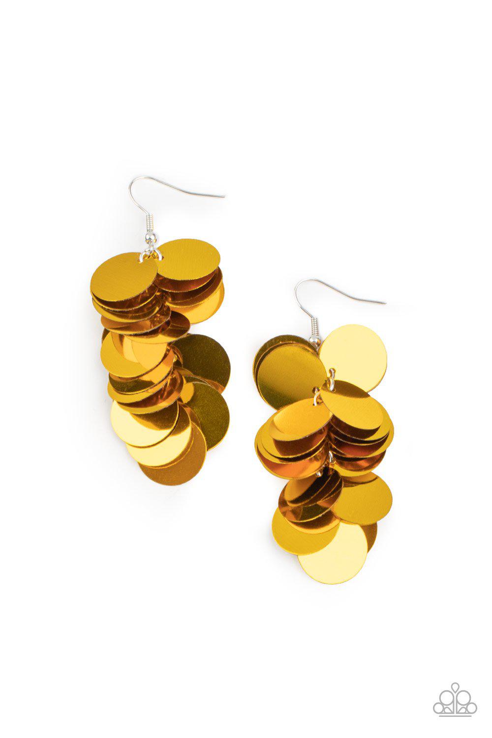 Now You SEQUIN It Gold Earrings - Paparazzi Accessories-CarasShop.com - $5 Jewelry by Cara Jewels