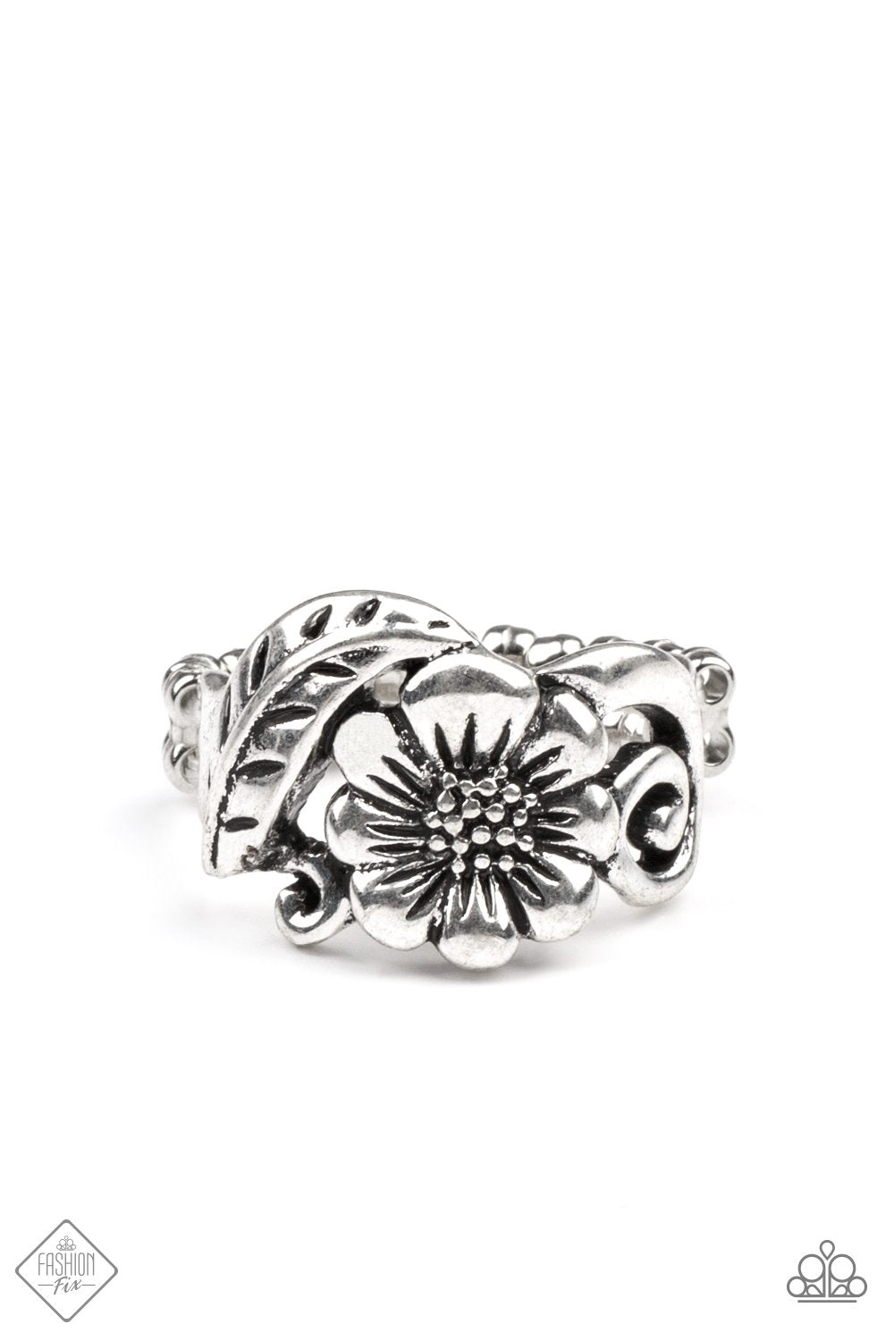Oceanside Orchard Silver Flower Ring - Paparazzi Accessories- lightbox - CarasShop.com - $5 Jewelry by Cara Jewels