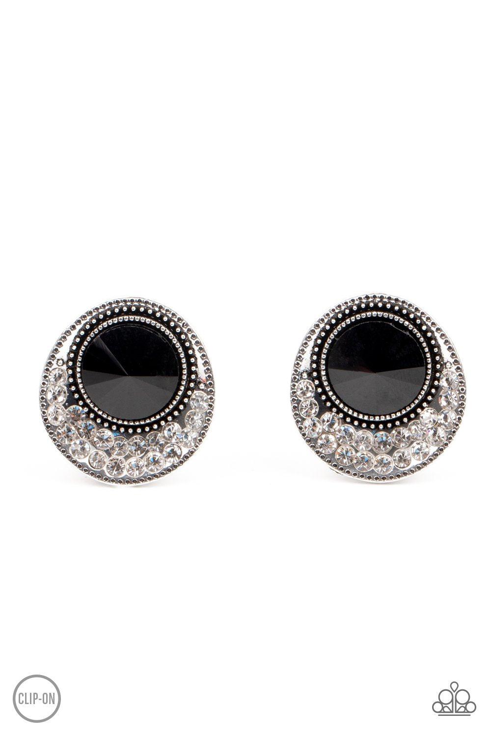 Off The RICHER Scale Black and White Rhinestone Clip-On Earrings - Paparazzi Accessories- lightbox - CarasShop.com - $5 Jewelry by Cara Jewels