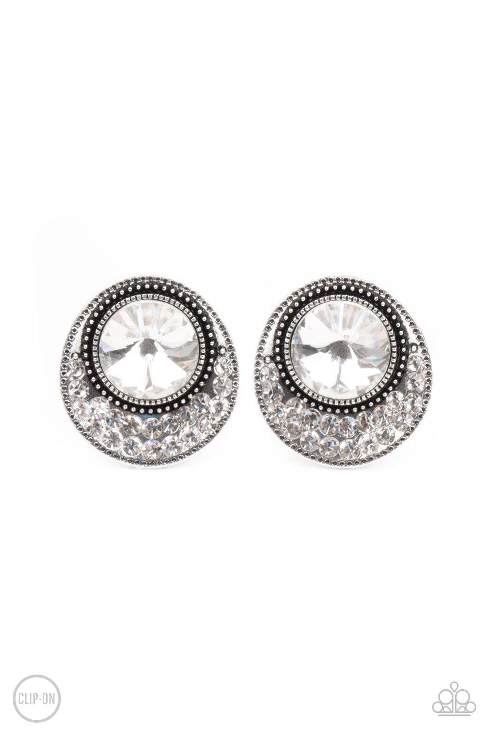 Off The RICHER-Scale White Rhinestone Clip-on Earrings - Paparazzi Accessories- lightbox - CarasShop.com - $5 Jewelry by Cara Jewels