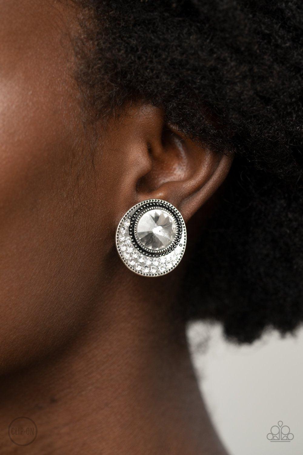 Off The RICHER-Scale White Rhinestone Clip-on Earrings - Paparazzi Accessories- model - CarasShop.com - $5 Jewelry by Cara Jewels