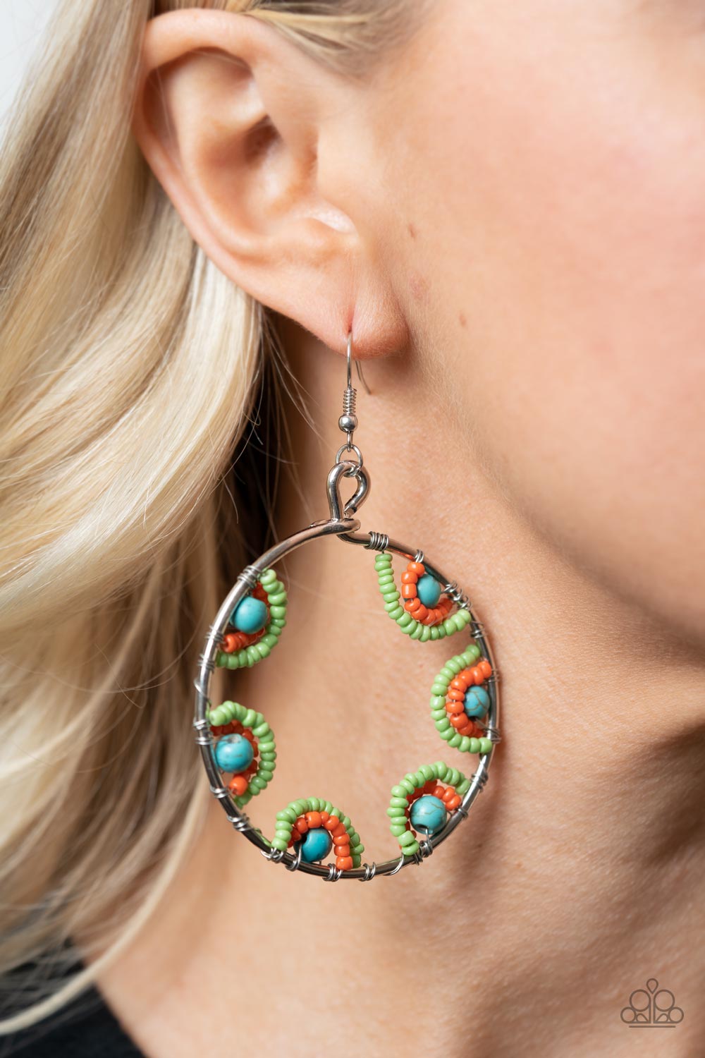 Off The Rim Multi Seed Bead and Turquoise Stone Earrings - Paparazzi Accessories- model - CarasShop.com - $5 Jewelry by Cara Jewels