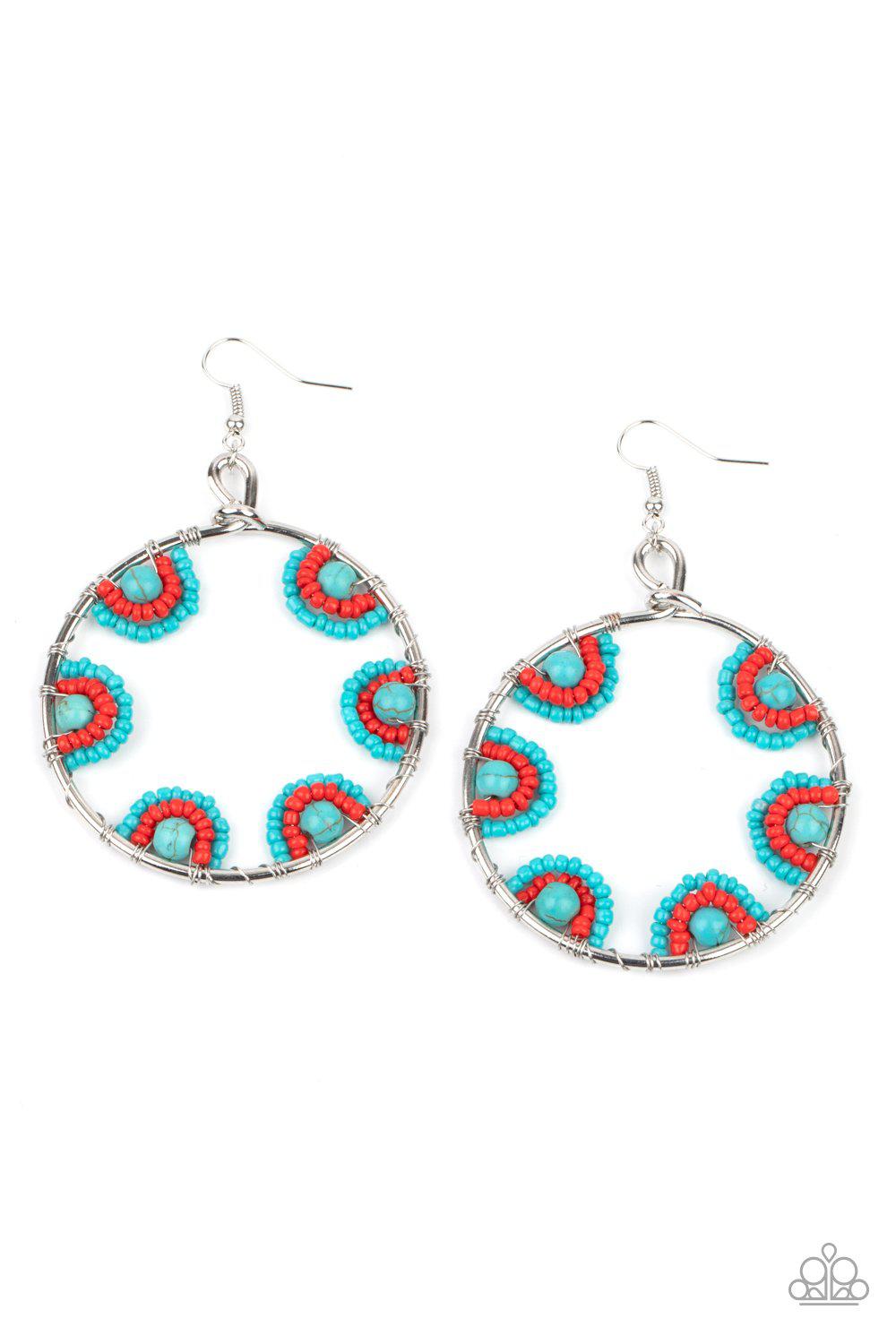 Off The Rim Turquoise Blue and Red Seed Bead and Stone Earrings - Paparazzi Accessories- lightbox - CarasShop.com - $5 Jewelry by Cara Jewels