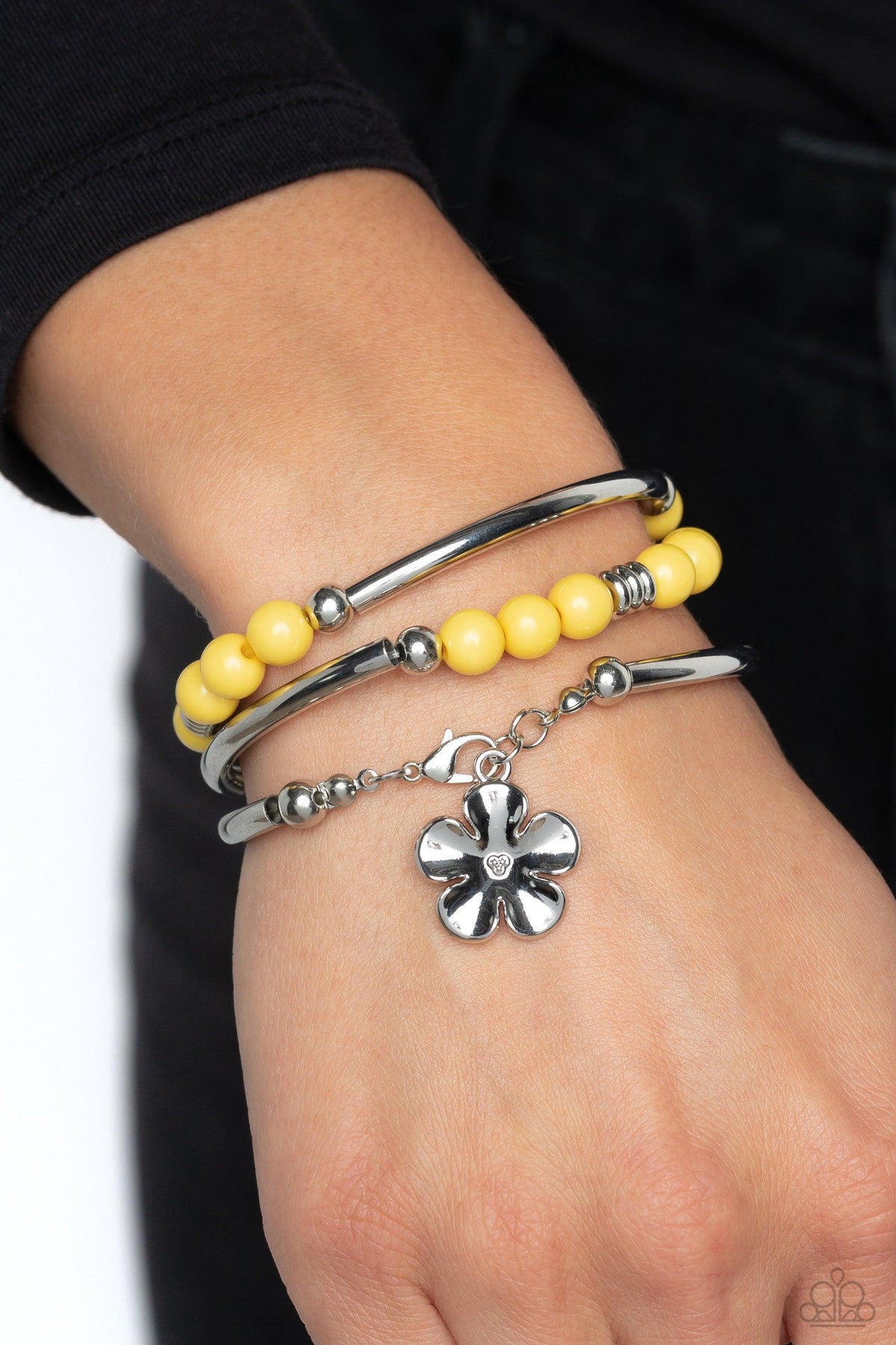 Off the WRAP Yellow Floral Coil Bracelet-on model - CarasShop.com - $5 Jewelry by Cara Jewels