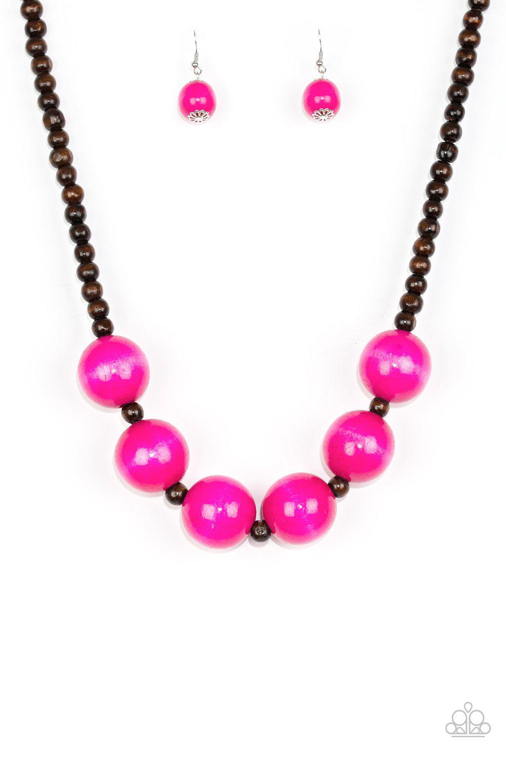 Oh My Miami Pink and Brown Wood Necklace and matching Earrings - Paparazzi Accessories-CarasShop.com - $5 Jewelry by Cara Jewels