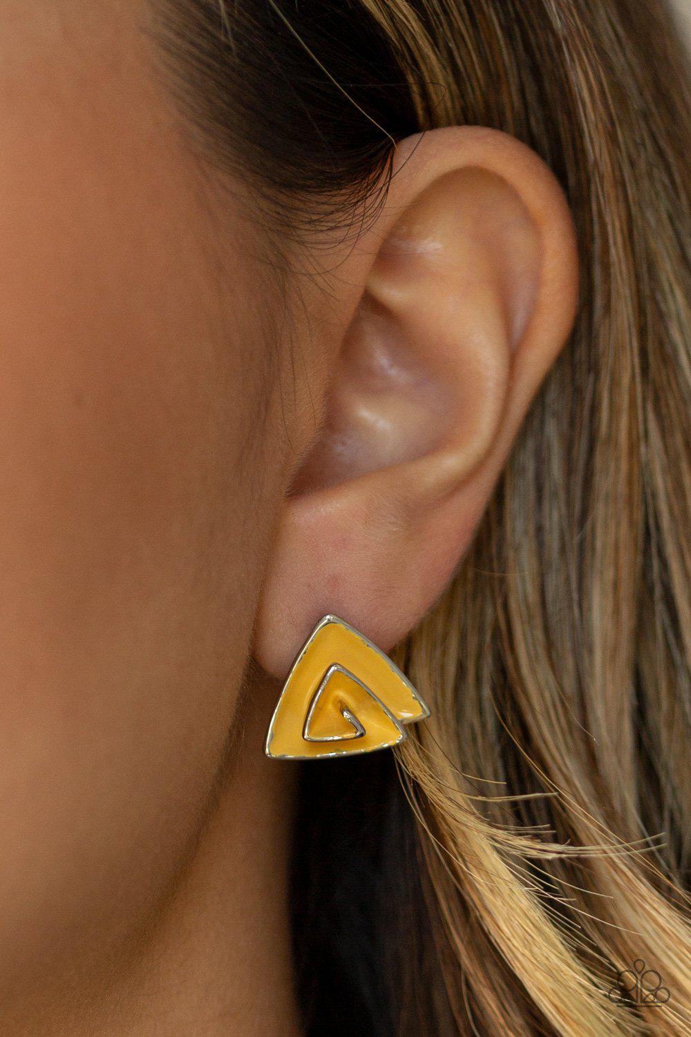On Blast Yellow Triangle Post Earrings - Paparazzi Accessories-CarasShop.com - $5 Jewelry by Cara Jewels