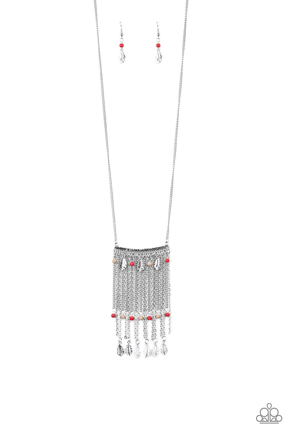 On The Fly Multi Red Stone and Silver Feather Fringe Necklace - Paparazzi Accessories - lightbox -CarasShop.com - $5 Jewelry by Cara Jewels