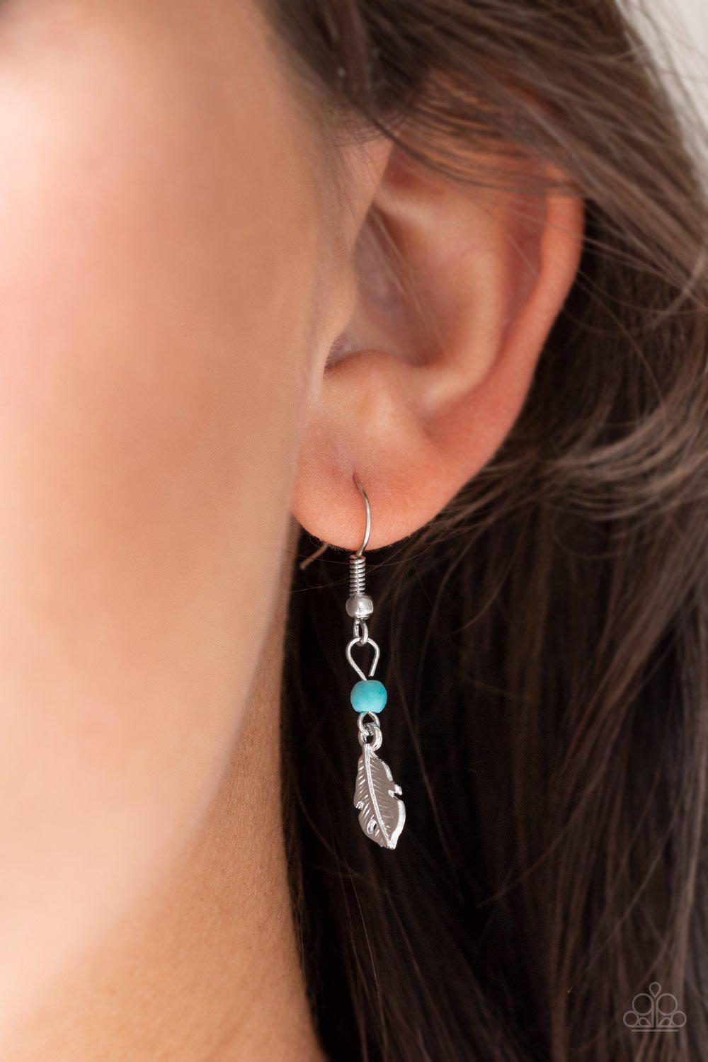 On The Fly Turquoise Blue Stone and Silver Feather Necklace - Paparazzi Accessories-CarasShop.com - $5 Jewelry by Cara Jewels