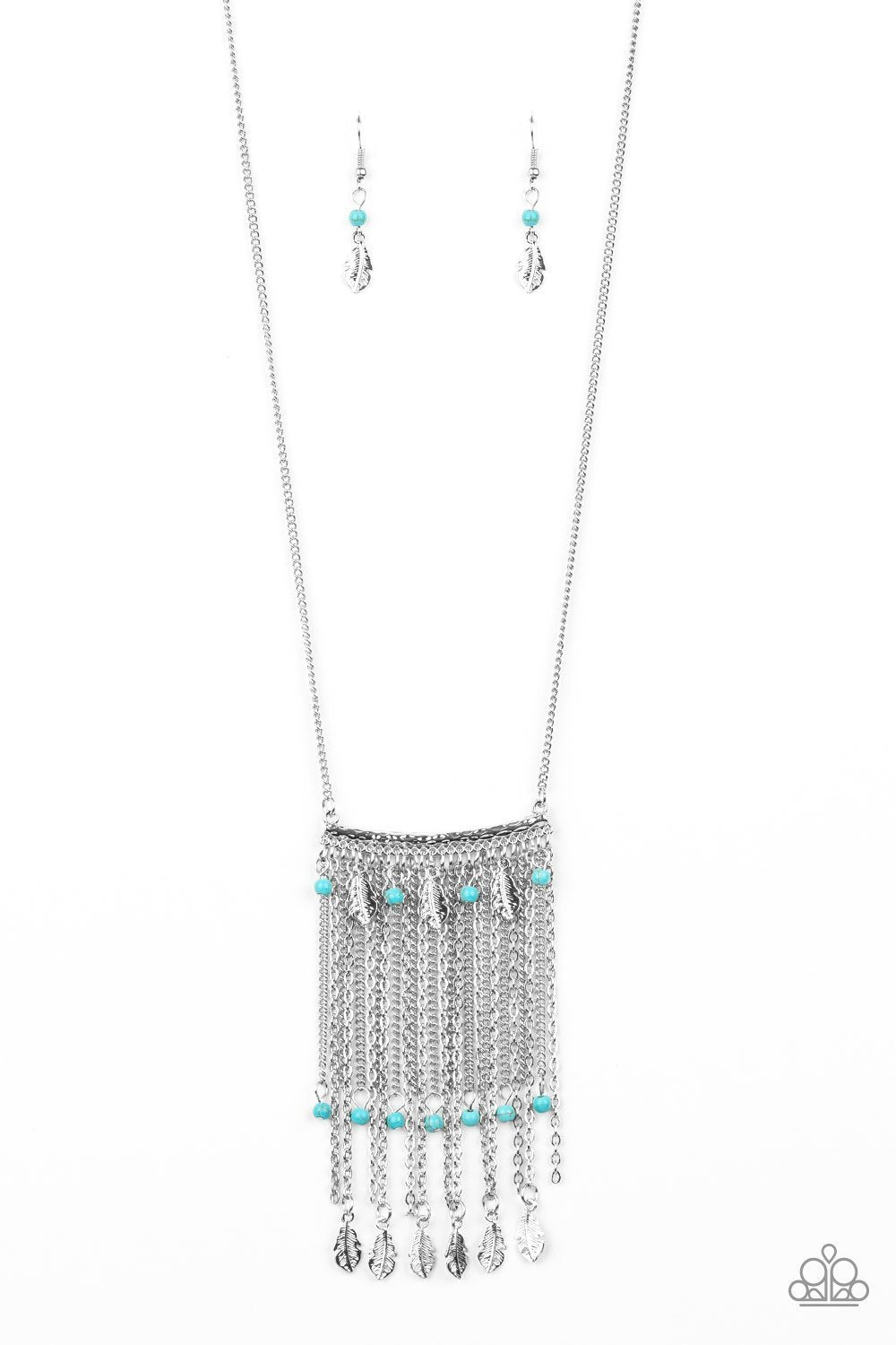 On The Fly Turquoise Blue Stone and Silver Feather Necklace - Paparazzi Accessories-CarasShop.com - $5 Jewelry by Cara Jewels