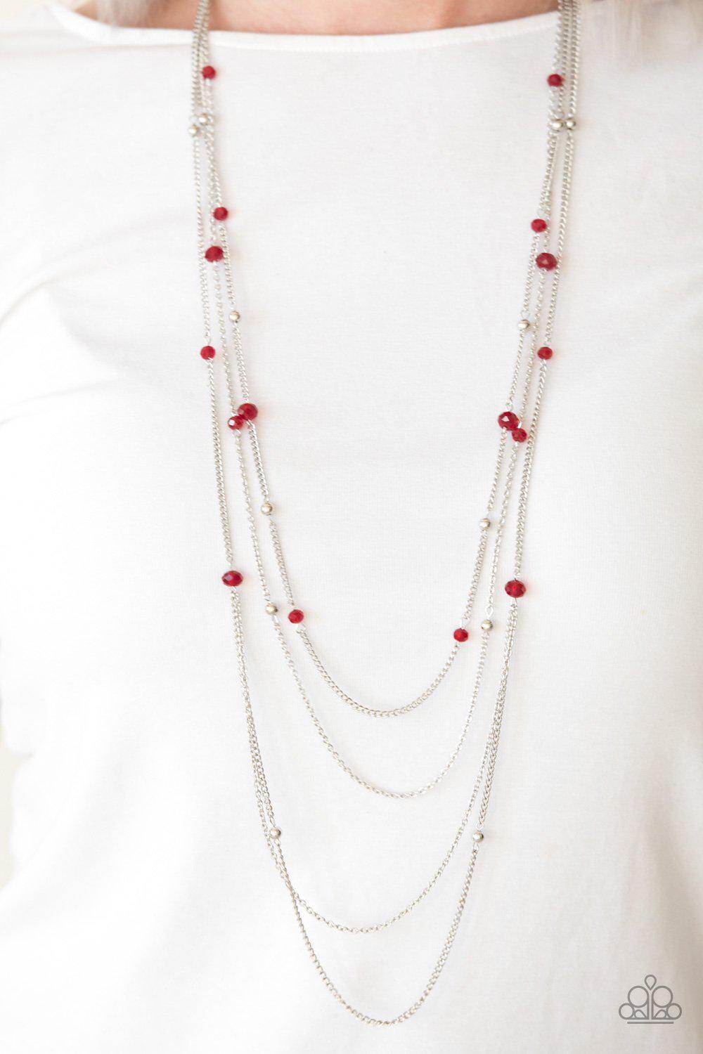 On The Front Shine Long Red and Silver Necklace - Paparazzi Accessories-CarasShop.com - $5 Jewelry by Cara Jewels