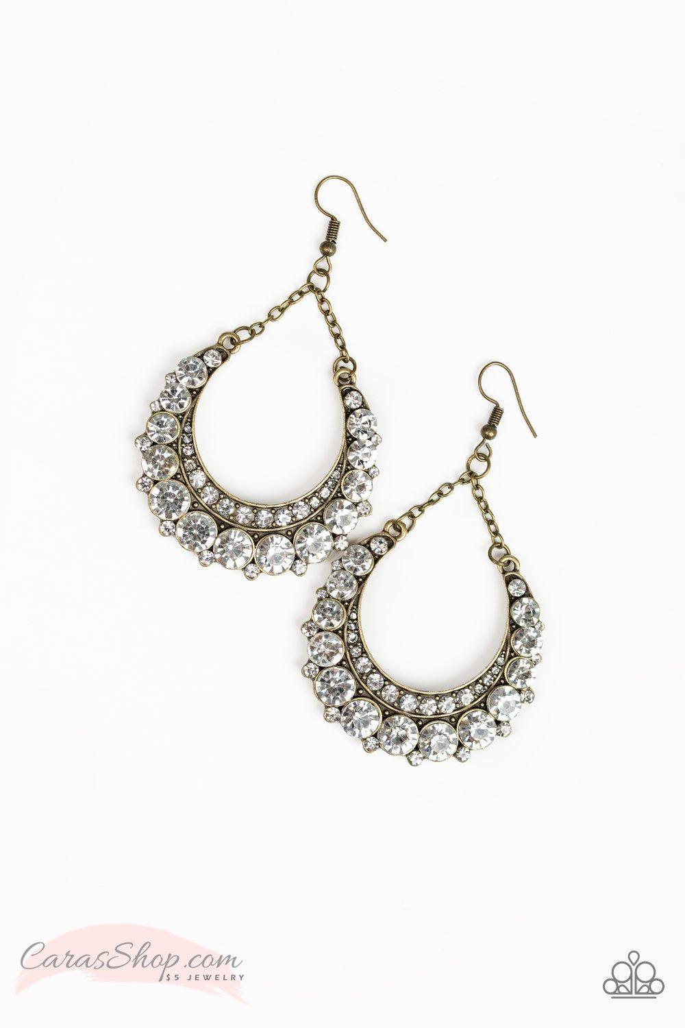 Once In A Showtime - White Rhinestone and Brass Earrings - Paparazzi Accessories-CarasShop.com - $5 Jewelry by Cara Jewels