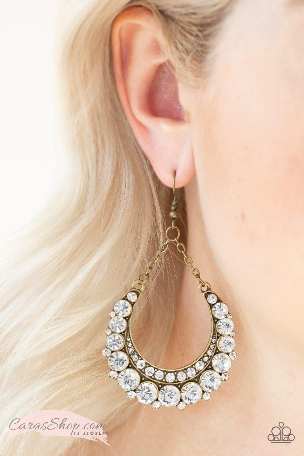Once In A Showtime - White Rhinestone and Brass Earrings - Paparazzi Accessories-CarasShop.com - $5 Jewelry by Cara Jewels