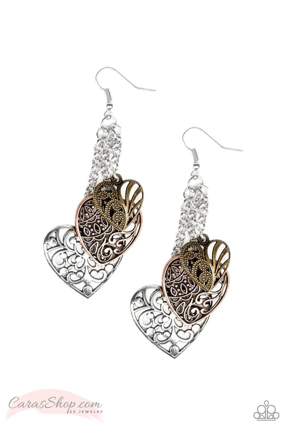 Once Upon A Heart Silver and Brass Heart Earrings - Paparazzi Accessories-CarasShop.com - $5 Jewelry by Cara Jewels
