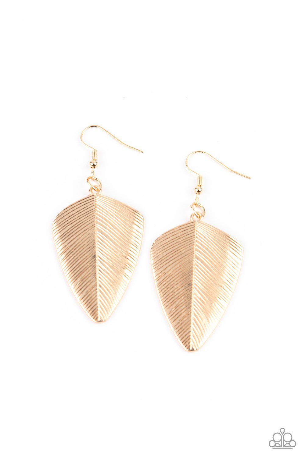 One Of The Flock Gold Feather Earrings - Paparazzi Accessories - lightbox -CarasShop.com - $5 Jewelry by Cara Jewels