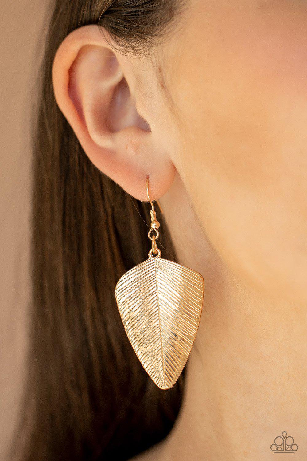 One Of The Flock Gold Feather Earrings - Paparazzi Accessories - model -CarasShop.com - $5 Jewelry by Cara Jewels