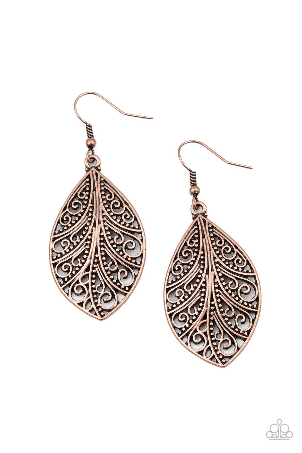 One VINE Day Copper Filigree Earrings - Paparazzi Accessories - lightbox -CarasShop.com - $5 Jewelry by Cara Jewels