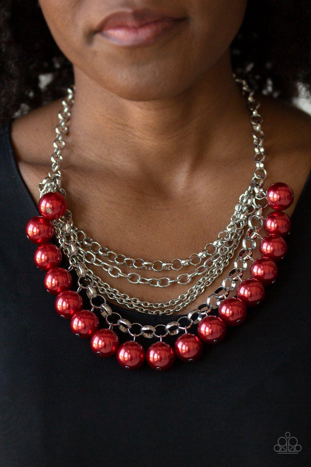 One-Way WALL STREET Red Necklace and matching Earrings - Paparazzi Accessories-CarasShop.com - $5 Jewelry by Cara Jewels