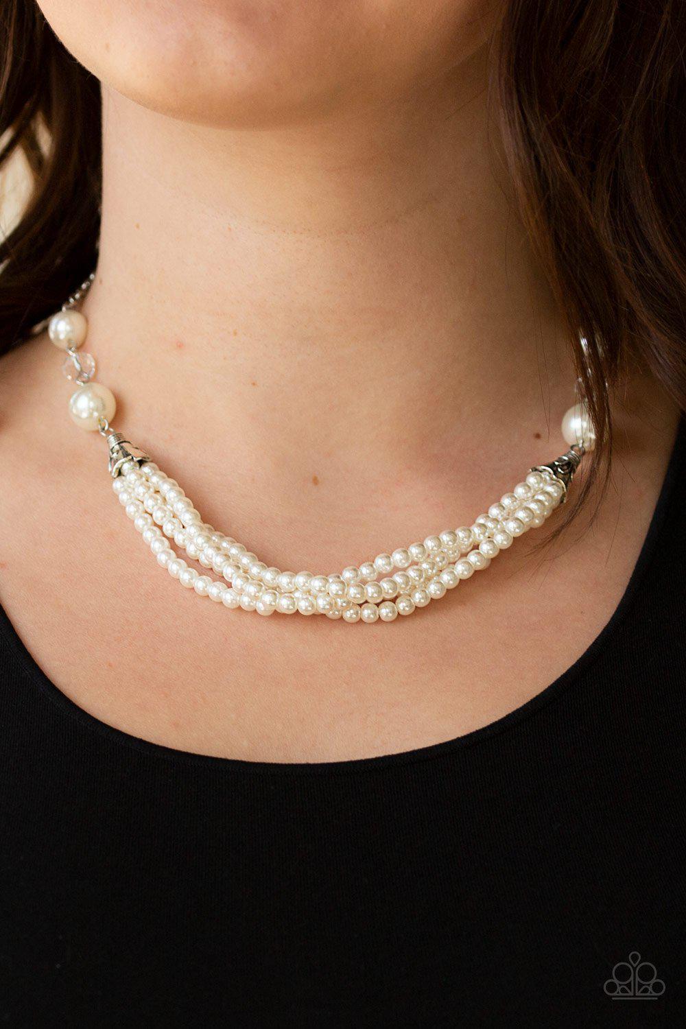 One-WOMAN Show White Pearl Necklace - Paparazzi Accessories - model -CarasShop.com - $5 Jewelry by Cara Jewels