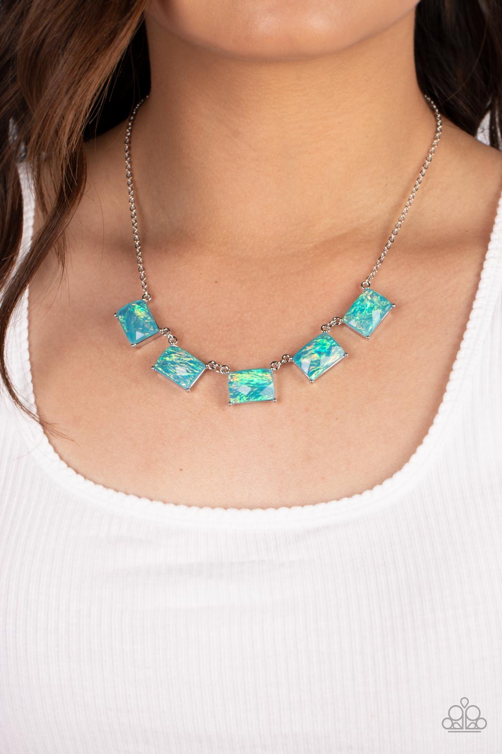 Opalescent Oblivion Blue Necklace - Paparazzi Accessories-on model - CarasShop.com - $5 Jewelry by Cara Jewels