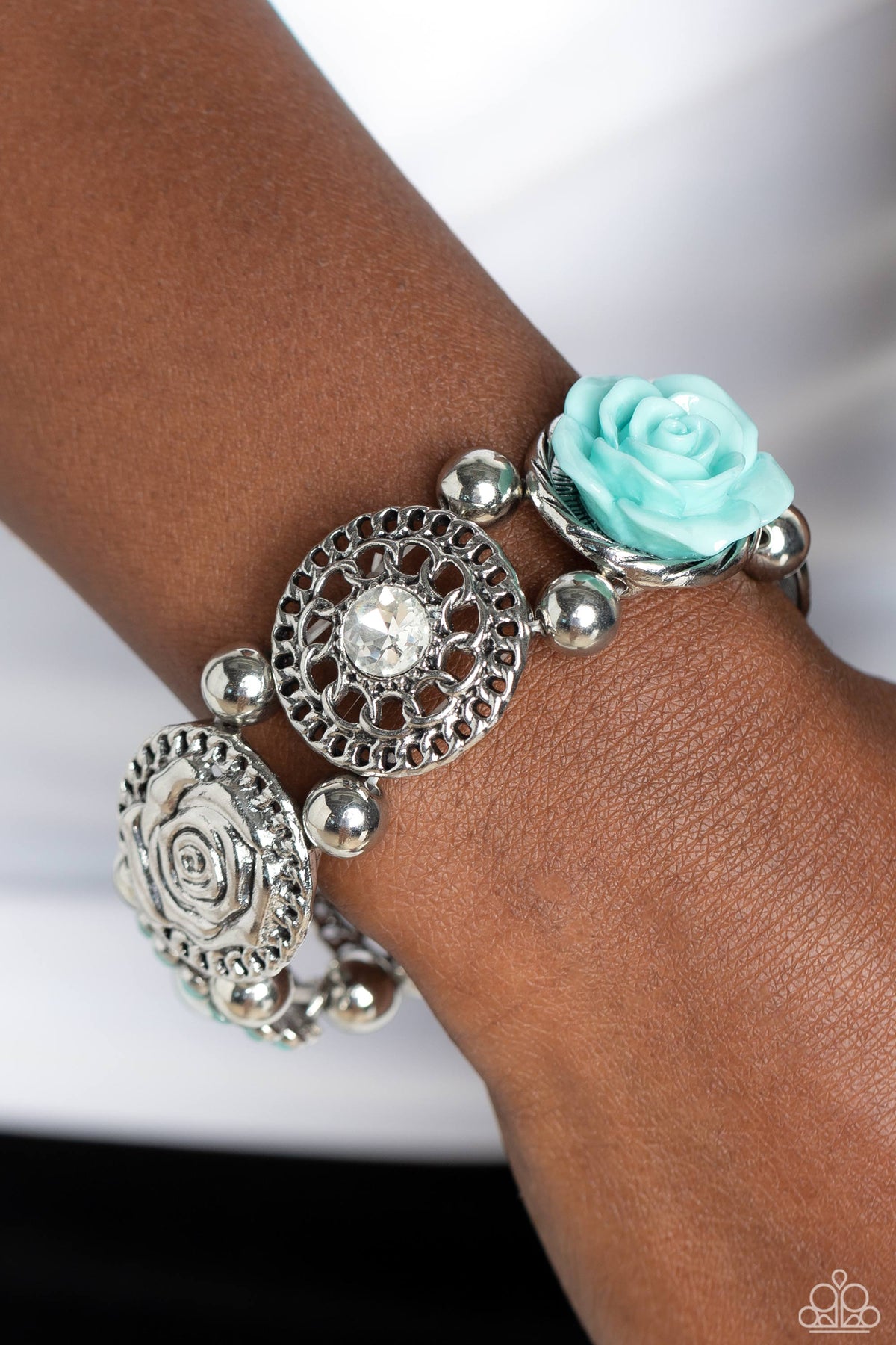 Optimistic Oasis Blue Rose Flower Bracelet - Paparazzi Accessories-on model - CarasShop.com - $5 Jewelry by Cara Jewels