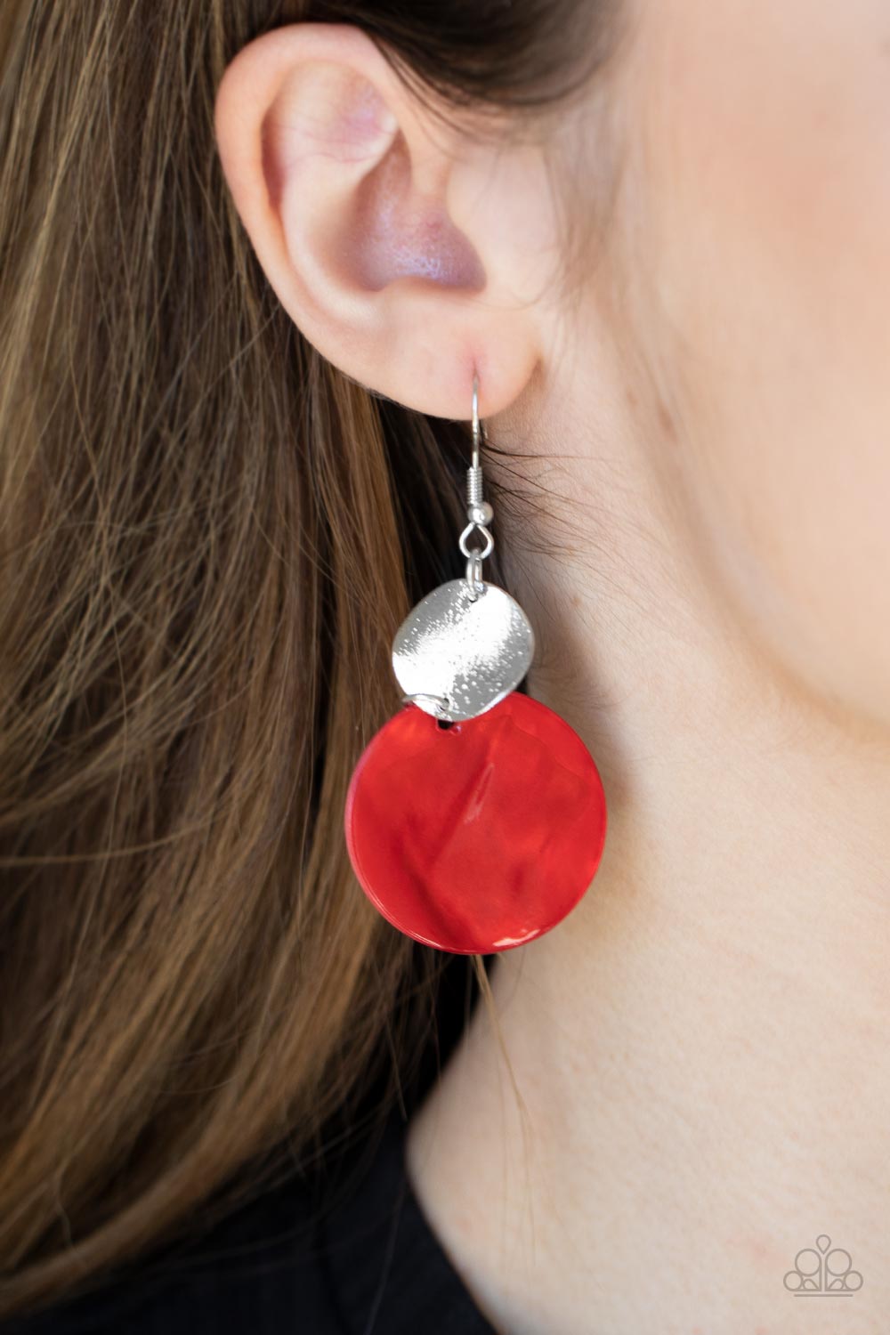 Opulently Oasis Red Shell-like Earrings - Paparazzi Accessories- model - CarasShop.com - $5 Jewelry by Cara Jewels
