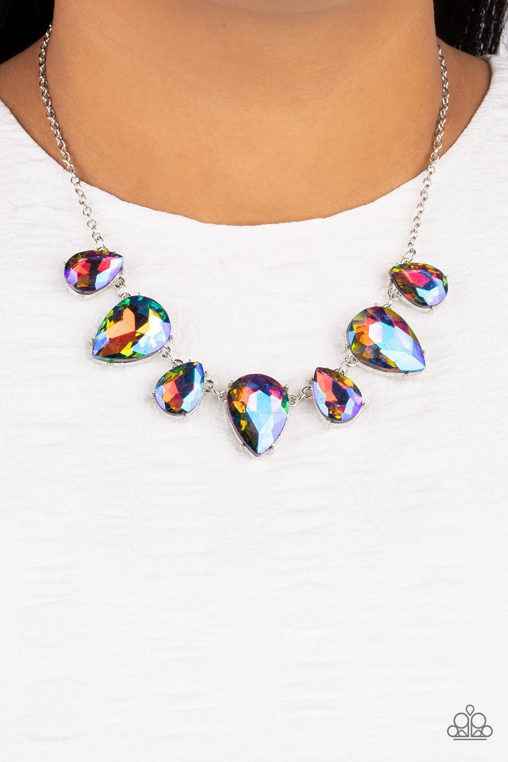 Otherworldly Opulence Multi Iridescent Blue Rhinestone Necklace - Paparazzi Accessories-on model - CarasShop.com - $5 Jewelry by Cara Jewels