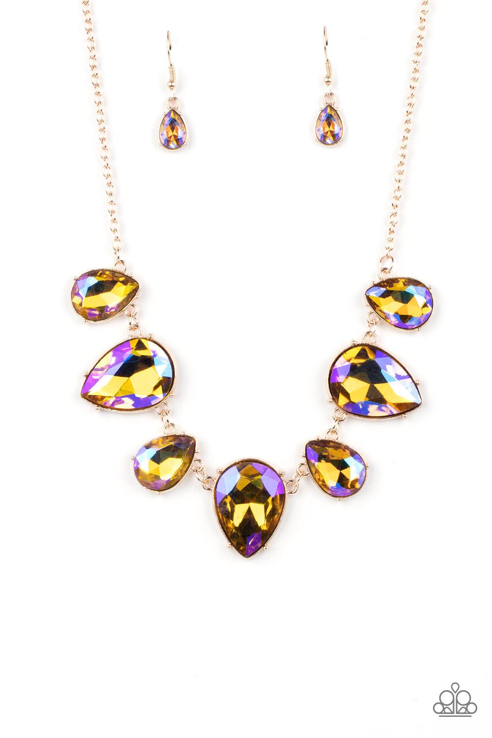 Otherworldly Opulence Multi Iridescent Rhinestone &amp; Gold Necklace - Paparazzi Accessories- lightbox - CarasShop.com - $5 Jewelry by Cara Jewels