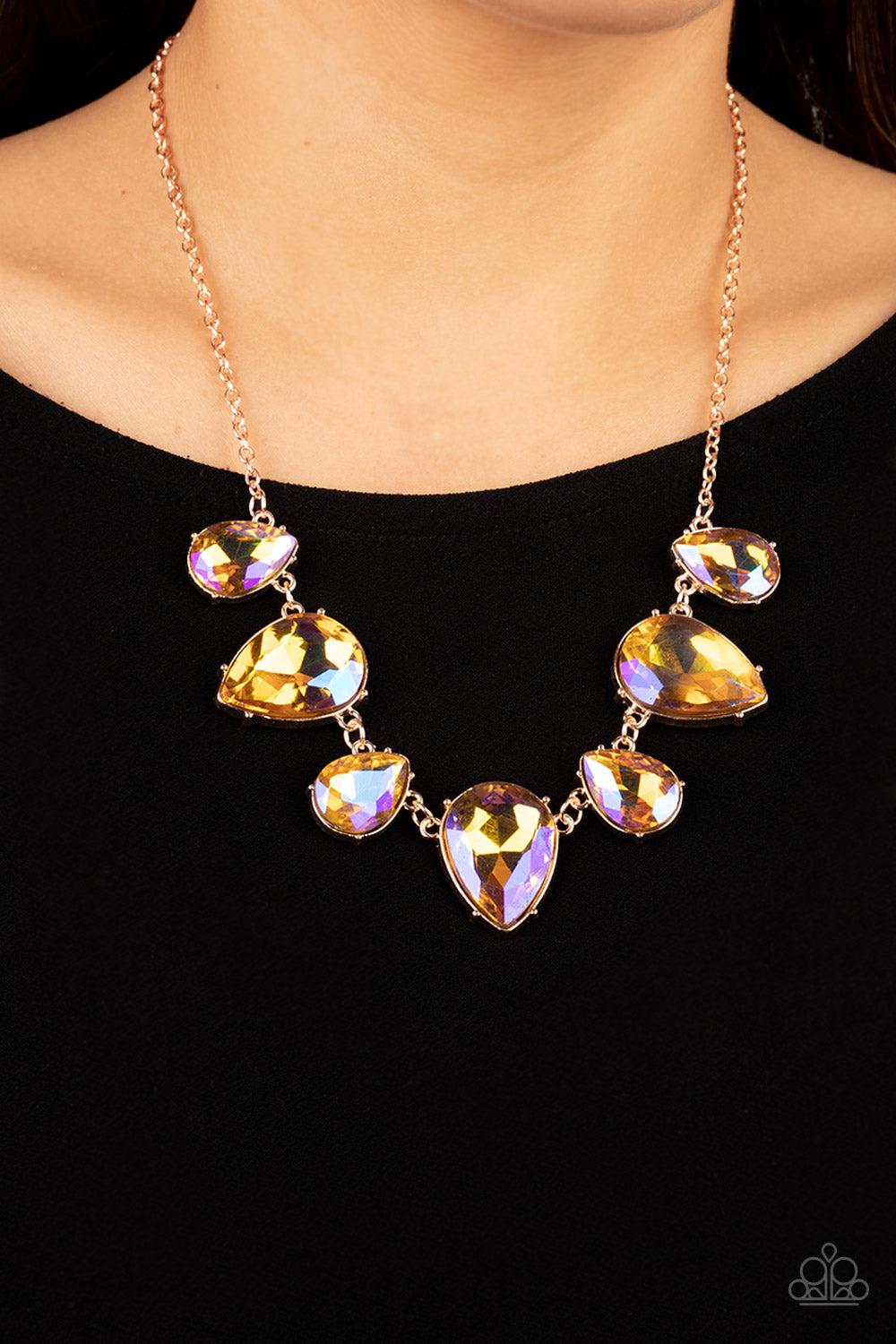 Otherworldly Opulence Multi Iridescent Rhinestone &amp; Gold Necklace - Paparazzi Accessories-on model - CarasShop.com - $5 Jewelry by Cara Jewels