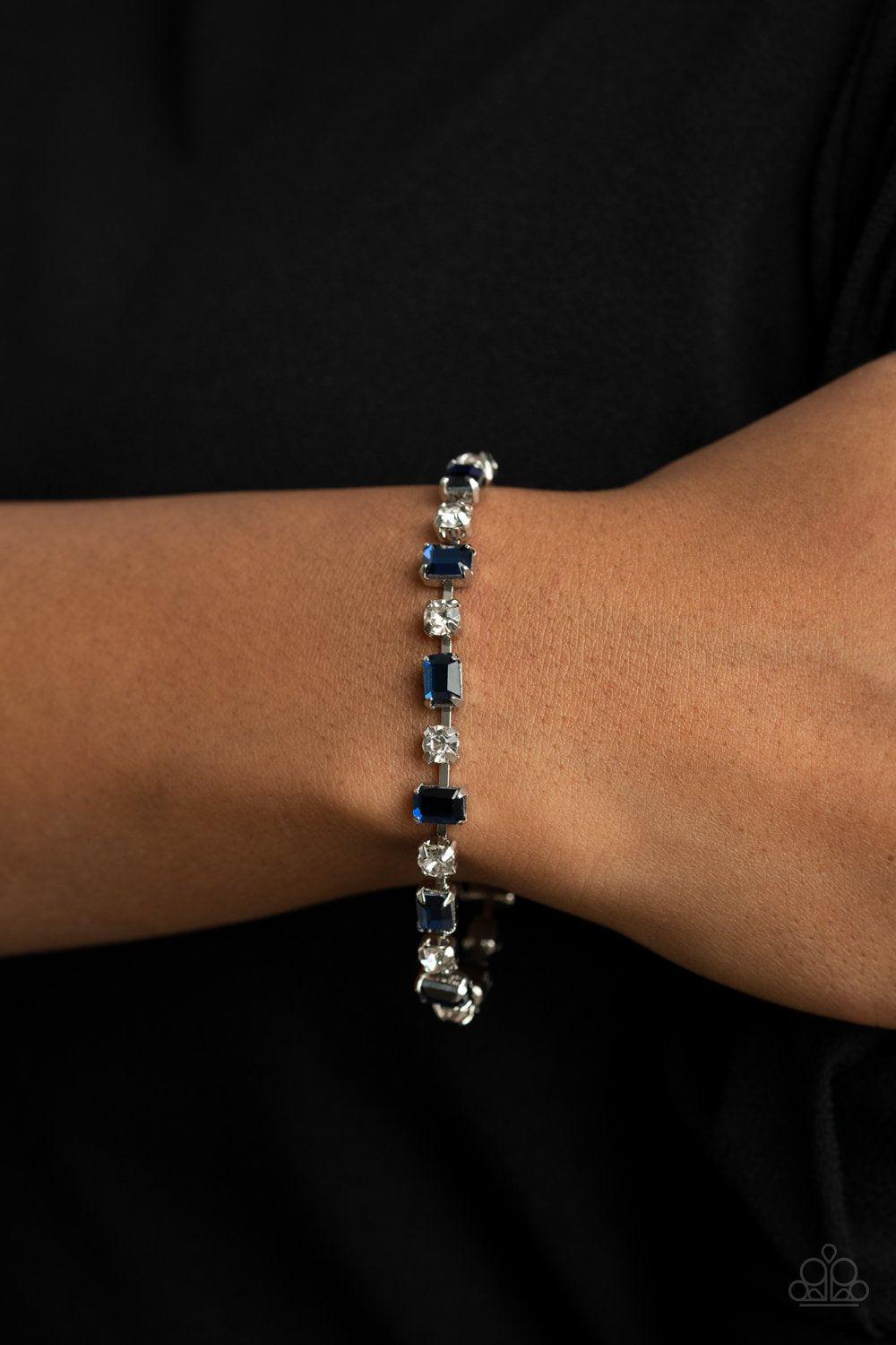 Out In Full FIERCE Blue and White Rhinestone Bracelet - Paparazzi Accessories- model - CarasShop.com - $5 Jewelry by Cara Jewels
