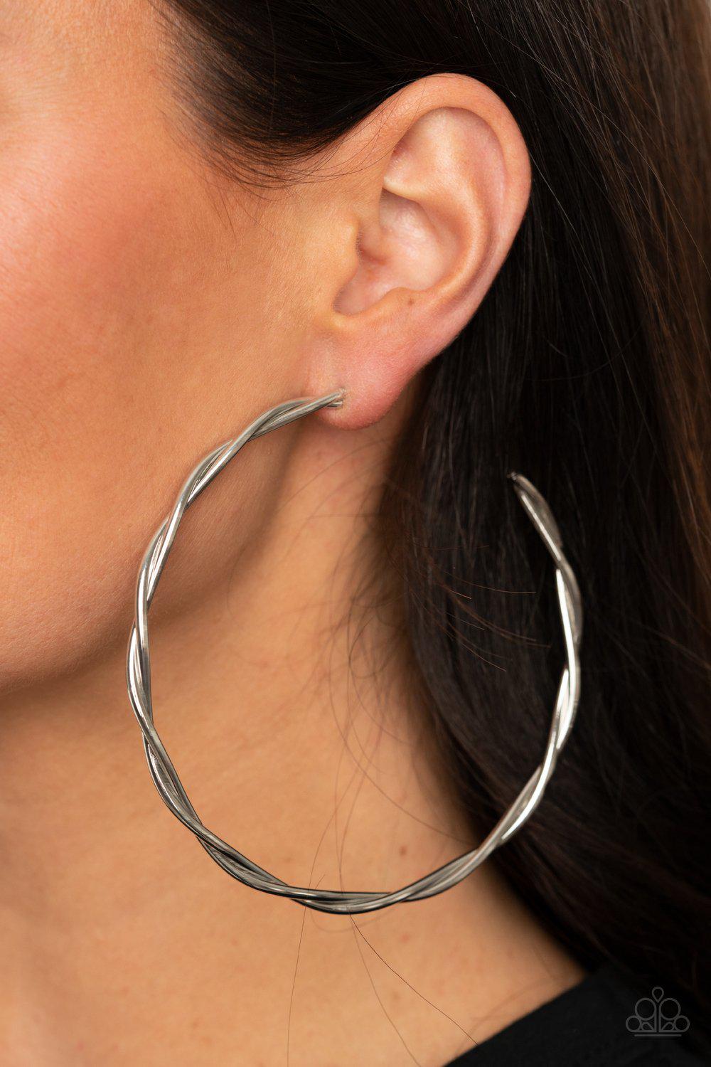 Out of Control Curves Silver Hoop Earrings - Paparazzi Accessories - lightbox -CarasShop.com - $5 Jewelry by Cara Jewels
