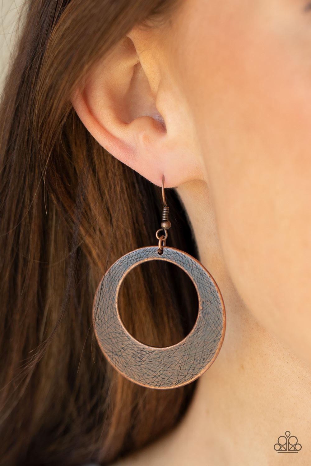 Outer Plains Copper Earrings - Paparazzi Accessories- on model - CarasShop.com - $5 Jewelry by Cara Jewels