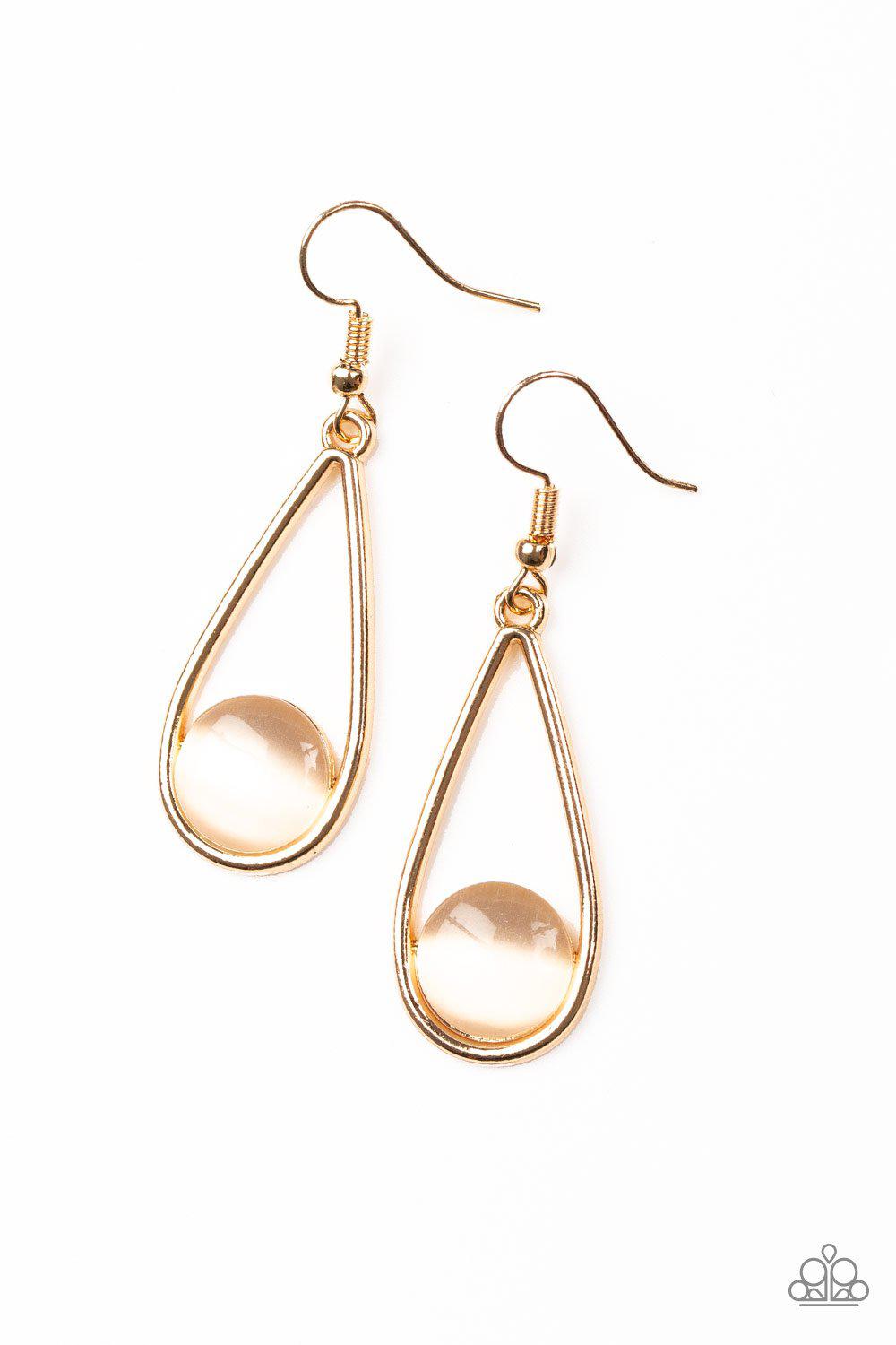 Over The Moon Gold Moonstone Earrings - Paparazzi Accessories-CarasShop.com - $5 Jewelry by Cara Jewels