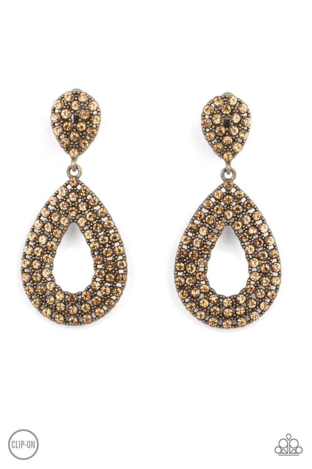 Pack In The Pizzazz Brass Rhinestone Clip-On Earrings - Paparazzi Accessories- lightbox - CarasShop.com - $5 Jewelry by Cara Jewels