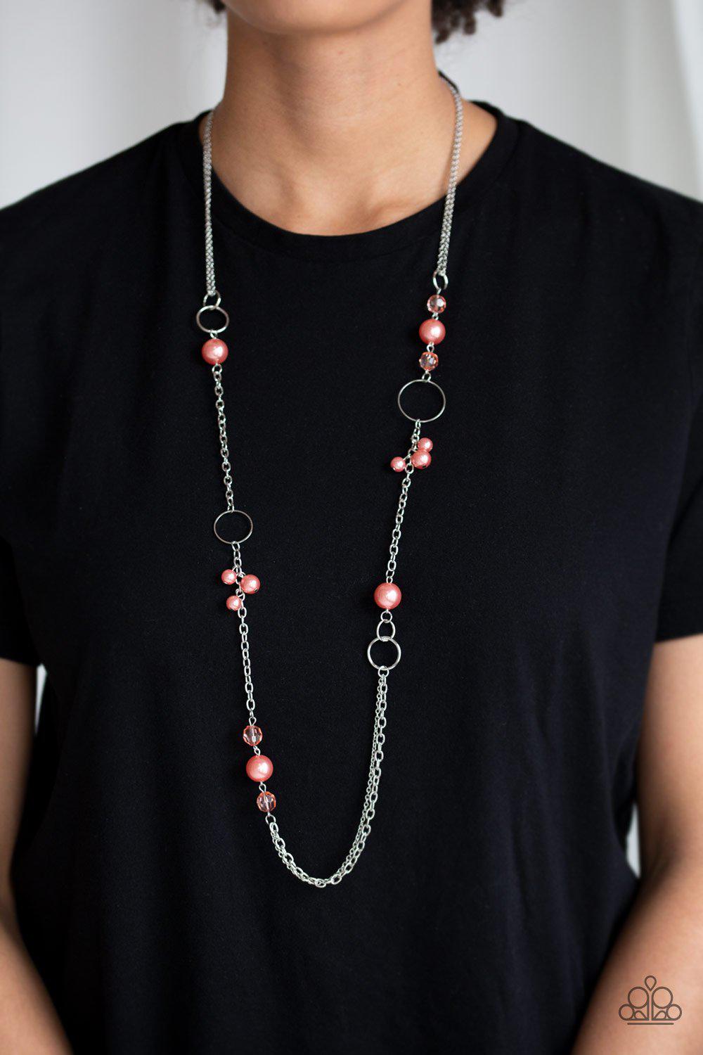 Pageant Princess Silver and Coral Bead Necklace - Paparazzi Accessories-CarasShop.com - $5 Jewelry by Cara Jewels