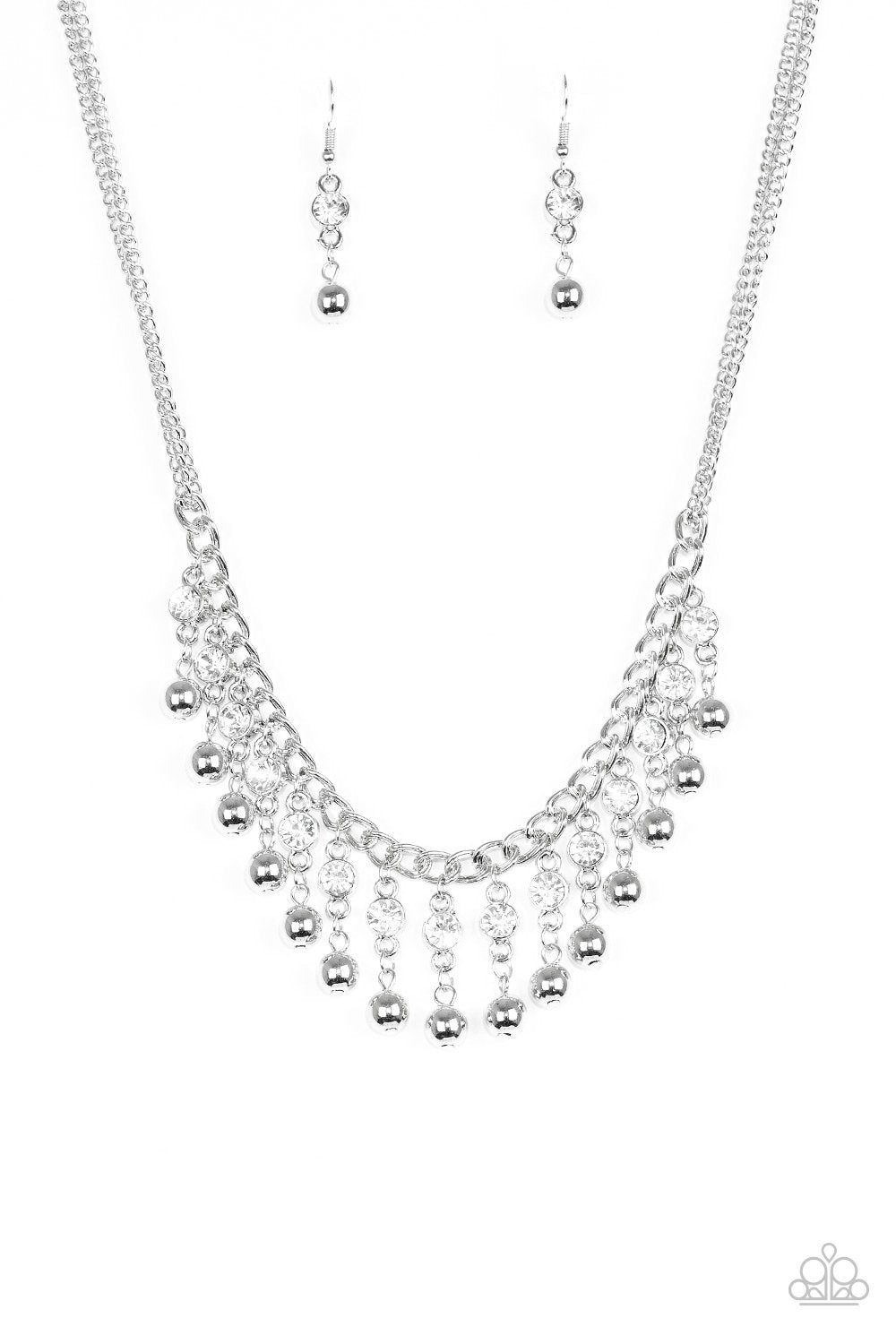 Pageant Queen Silver and White Rhinestone Necklace - Paparazzi Accessories-CarasShop.com - $5 Jewelry by Cara Jewels