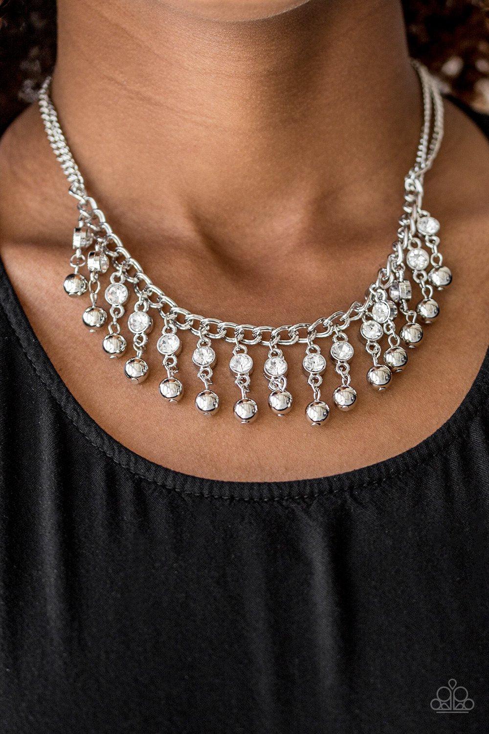 Pageant Queen Silver and White Rhinestone Necklace - Paparazzi Accessories-CarasShop.com - $5 Jewelry by Cara Jewels
