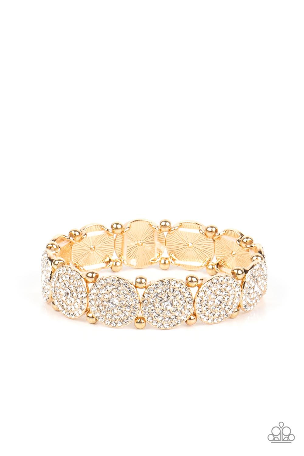 Palace Intrigue Gold &amp; White Rhinestone Bracelet - Paparazzi Accessories- lightbox - CarasShop.com - $5 Jewelry by Cara Jewels