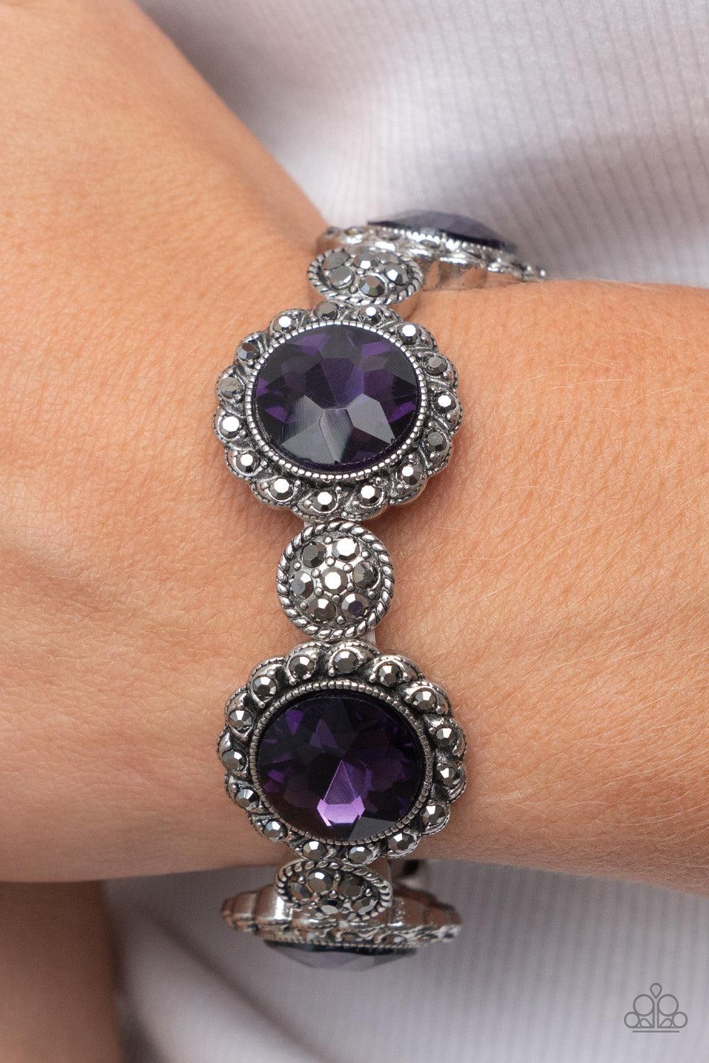 Palace Property Purple Rhinestone Bracelet - Paparazzi Accessories-on model - CarasShop.com - $5 Jewelry by Cara Jewels