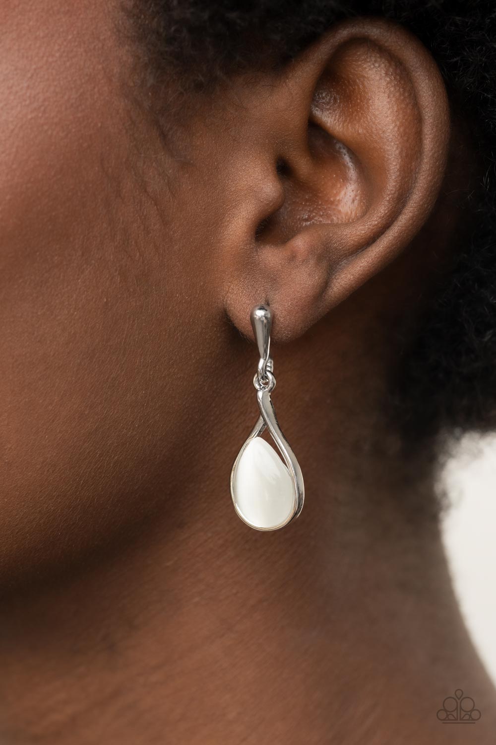 Pampered Glow Up White Cat&#39;s Eye Stone Earrings - Paparazzi Accessories-on model - CarasShop.com - $5 Jewelry by Cara Jewels