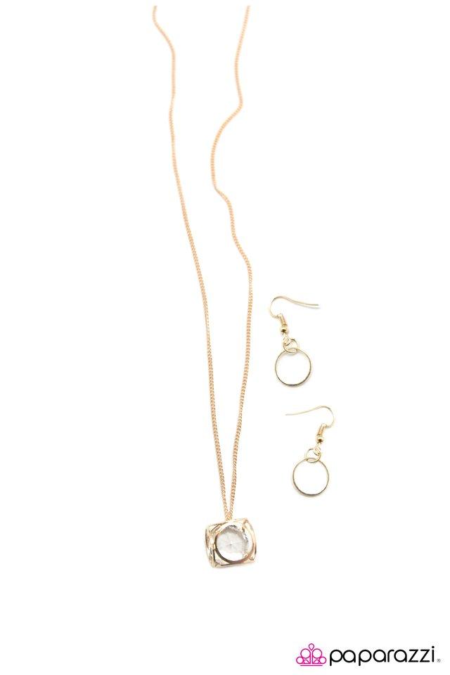 Pandora&#39;s Box Gold Necklace and matching Earrings - Paparazzi Accessories-CarasShop.com - $5 Jewelry by Cara Jewels