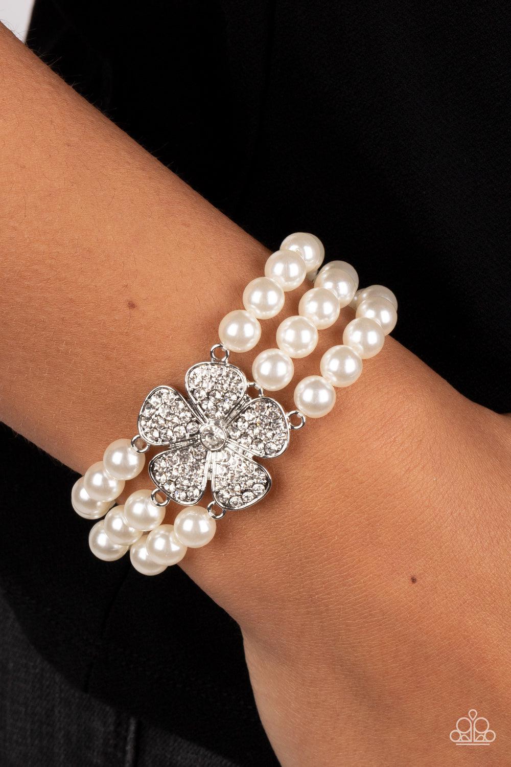 Park Avenue Orchard White Pearl &amp; Rhinestone Bracelet - Paparazzi Accessories-on model - CarasShop.com - $5 Jewelry by Cara Jewels