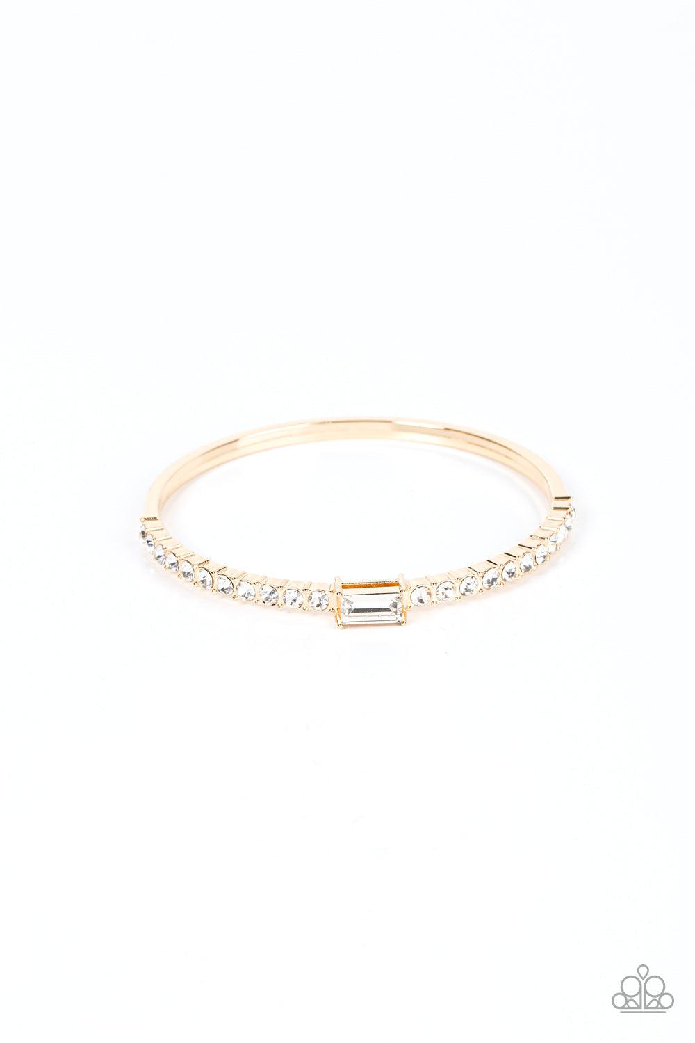 Party Crashing Couture Gold &amp; White Rhinestone Bangle Bracelet - Paparazzi Accessories- lightbox - CarasShop.com - $5 Jewelry by Cara Jewels