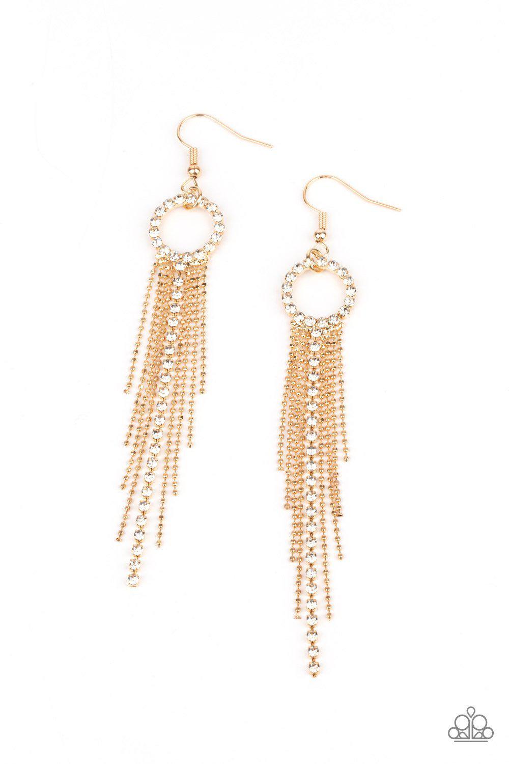 Pass The Glitter Gold and White Rhinestone Earrings - Paparazzi Accessories- lightbox - CarasShop.com - $5 Jewelry by Cara Jewels