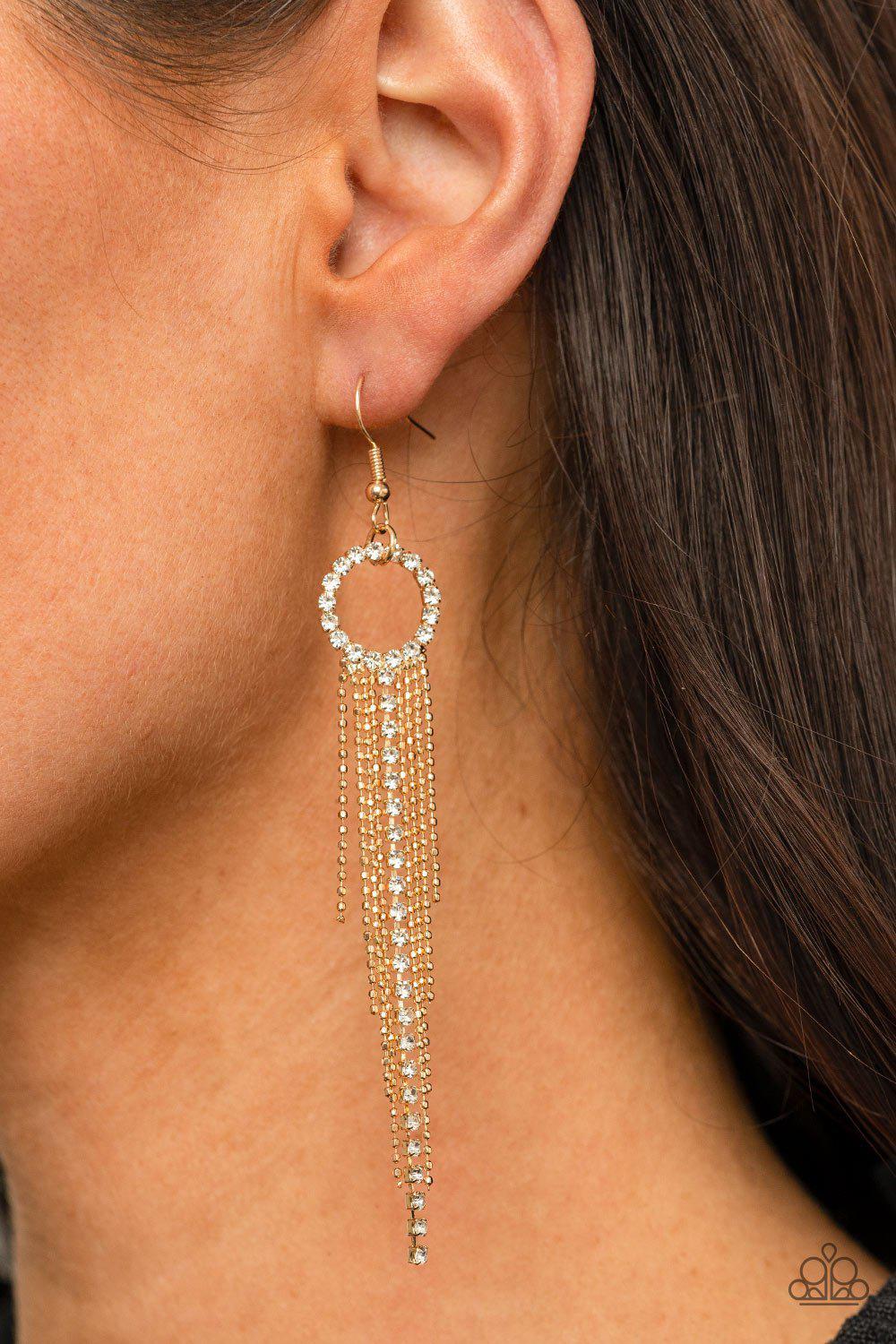 Pass The Glitter Gold and White Rhinestone Earrings - Paparazzi Accessories- model - CarasShop.com - $5 Jewelry by Cara Jewels