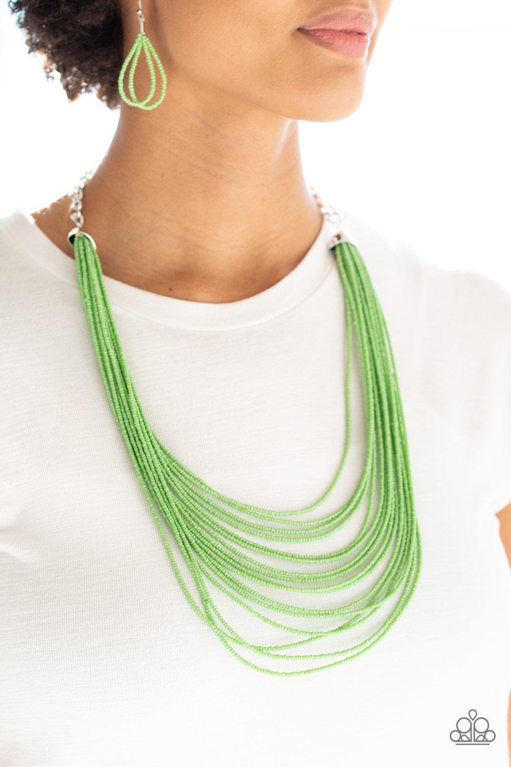 Peacefully Pacific Green Seed Bead Necklace and matching Earrings - Paparazzi Accessories-CarasShop.com - $5 Jewelry by Cara Jewels