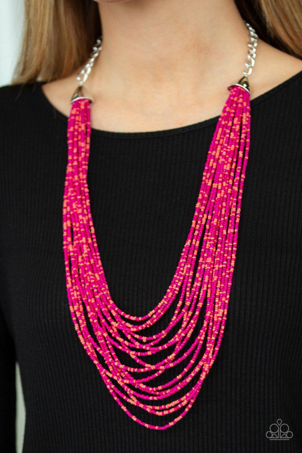 Peacefully Pacific Pink and Coral Seed Bead Necklace and matching Earrings - Paparazzi Accessories-CarasShop.com - $5 Jewelry by Cara Jewels